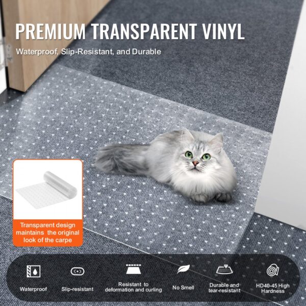 cat resting on VEVOR carpet protector for pets, showcasing transparent vinyl, waterproof and slip-resistant features.