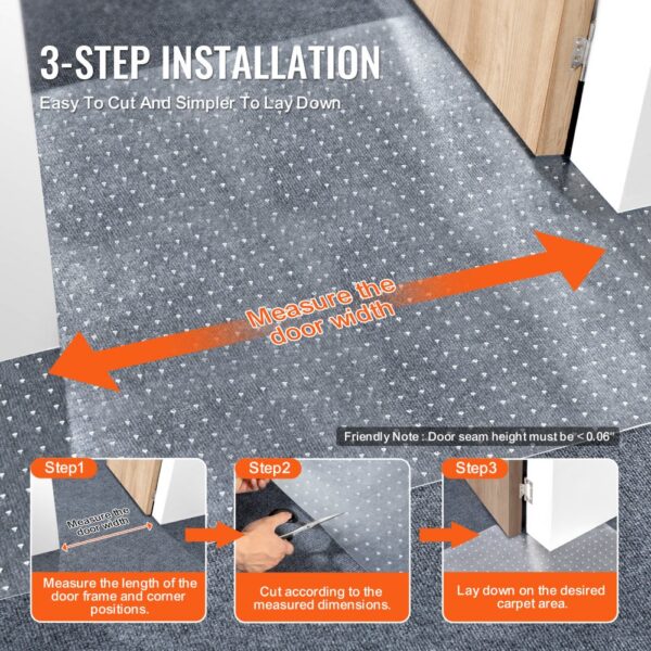 VEVOR carpet protector for pets with 3-step installation guide: measure, cut, and lay down.