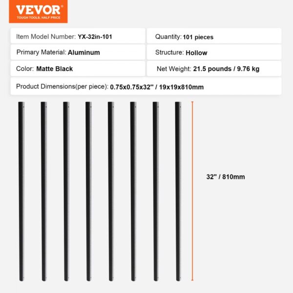 VEVOR Staircase Metal Balusters, 3/4'' Round x 32'' Long Aluminum Decorative Banister Spindles, 101 Pack Deck Baluster with Screws, Classic Hollow Deck Railing Satin Black Powder Coated for Porch