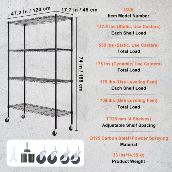 VEVOR Storage Shelving Unit with Wheels, 4-Tier Adjustable, 700 lbs Capacity, Heavy Duty Garage Shelves Metal Organizer Wire Rack, Black, 47.2" L x 17.7" W x 74" H for Kitchen Pantry Basement Bathroom