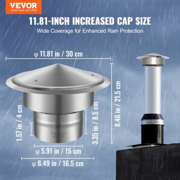 VEVOR chimney cap with increased 11.81-inch size for enhanced rain protection, stainless steel construction.