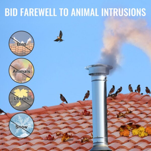 VEVOR chimney cap on a tiled roof with birds, leaves, and smoke, preventing animal intrusions.