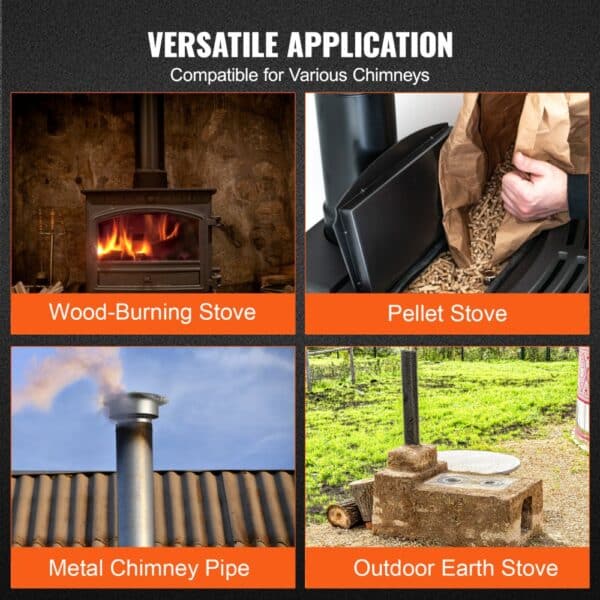 versatile application: wood-burning stove, pellet stove, metal chimney pipe, outdoor earth stove.