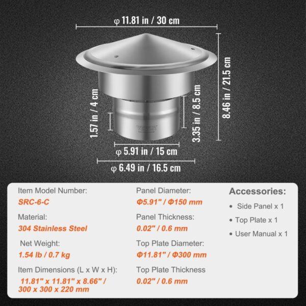 VEVOR chimney cap, 304 stainless steel, 11.81"x11.81"x8.66", panel diameter 5.91", net weight 1.54 lb.