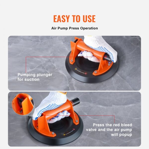 VEVOR glass suction cup air pump press operation being used on a marble surface with gloved hands.