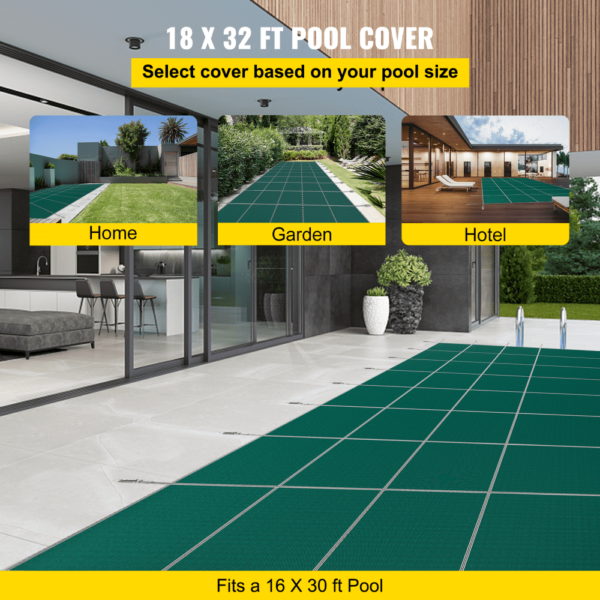 VEVOR pool safety cover for home, garden, and hotel, 18 x 32 ft pool cover.