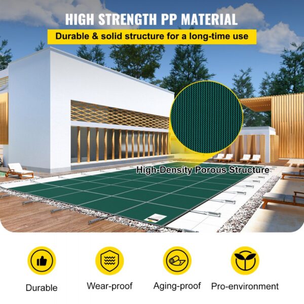 VEVOR pool safety cover on modern patio with high-density porous structure and durability icons.