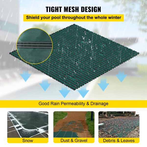 VEVOR pool safety cover with tight mesh design, effective for snow, dust, and debris.