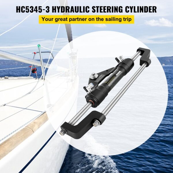 VEVOR hydraulic steering cylinder on a sailboat at sea under clear skies.