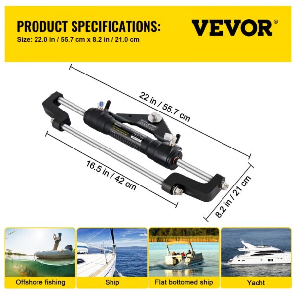 VEVOR hydraulic steering cylinder with product dimensions and diverse marine applications.