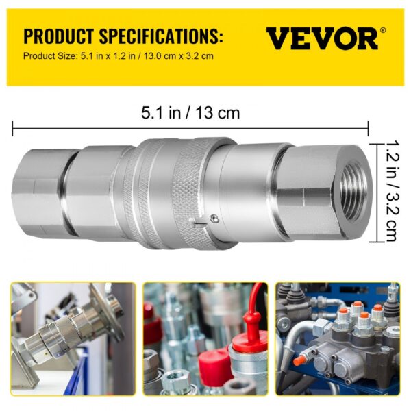 VEVOR Hydraulic Quick Connect 1/2 Body with 1/2" NPT Thread Hydraulic Coupler 4 Pairs Hydraulic Coupling Quick Connect 45.5 L/min Hydraulic Quick Coupler (ISO 16028)