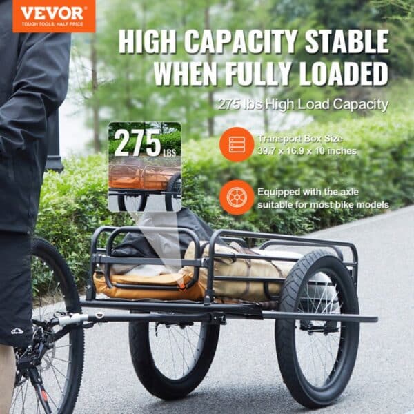 VEVOR bike cargo trailer with 275 lbs load capacity, 39.7x16.9x10 inches transport box, and universal axle.