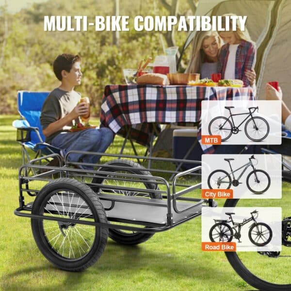 VEVOR bike cargo trailer in a picnic setting demonstrating multi-bike compatibility: mtb, city, and road bikes.