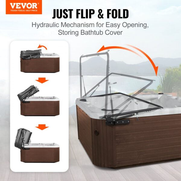 VEVOR hot tub cover lift showcasing hydraulic mechanism for easy flip and fold operations.