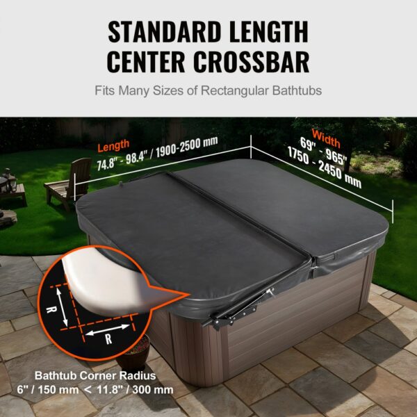 VEVOR hot tub cover lift showcasing standard length center crossbar for various rectangular bathtubs.