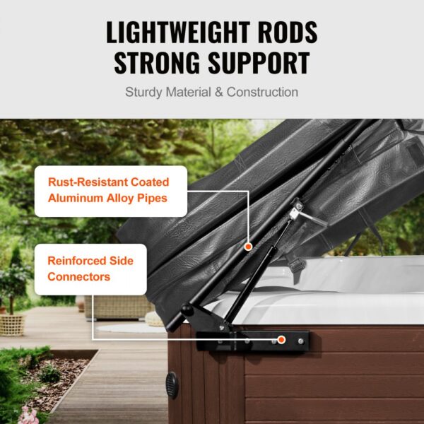 VEVOR hot tub cover lift with lightweight rods, rust-resistant pipes, and reinforced side connectors.