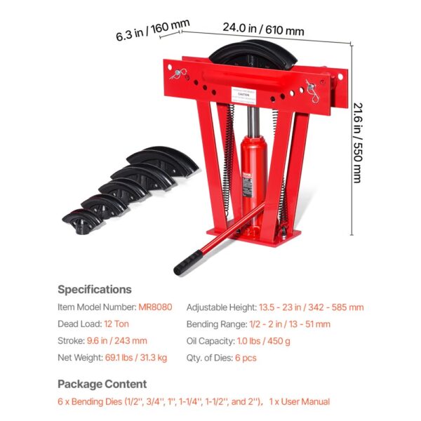 VEVOR Hydraulic Pipe Bender, 12 Ton Manual Pipe Bending Tool with 6 Dies