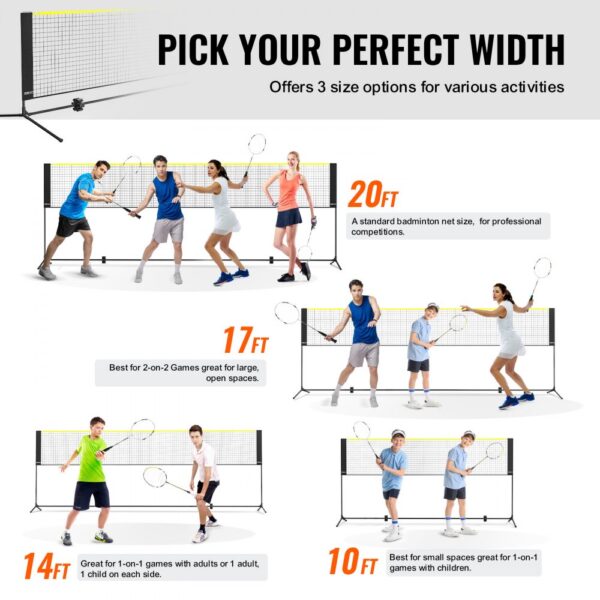 VEVOR badminton net offers 3 sizes: 20ft for competitions, 17ft for large spaces, 14ft, and 10ft for small spaces.