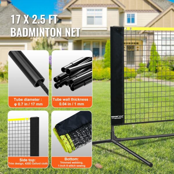 VEVOR badminton net with durable frames, 17 x 2.5 ft, tube thickness 1 mm, and 420d oxford cloth.