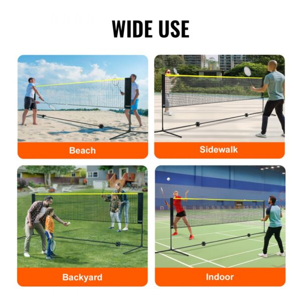 wide use of VEVOR badminton net on beach, sidewalk, backyard, and indoor courts.