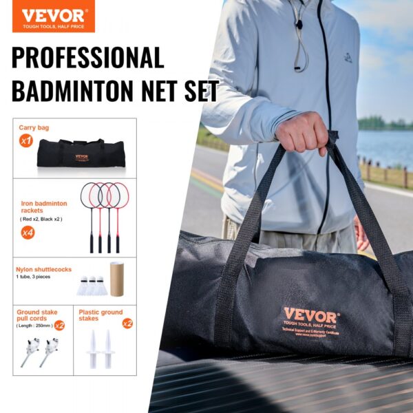 VEVOR badminton net set with carry bag, four iron rackets, three nylon shuttlecocks, and ground stakes.