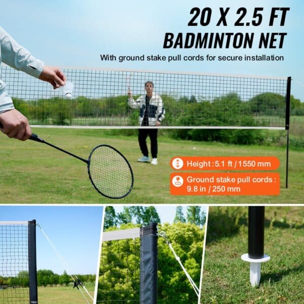 badminton game featuring VEVOR badminton net set with ground stake pull cords and detailed measurements.