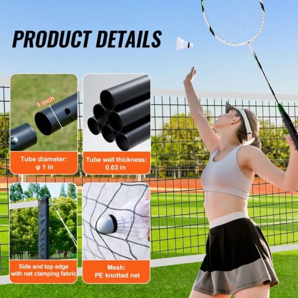 VEVOR badminton net set details: 1 in diameter tubes, 0.03 in wall, pe knotted mesh, and edge clamping fabric.