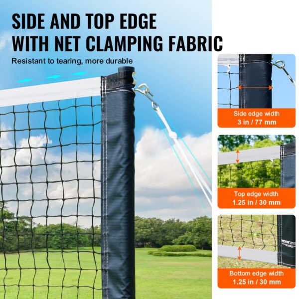 VEVOR badminton net set with durable clamping fabric, 3-inch side edge, 1.25-inch top and bottom edges.