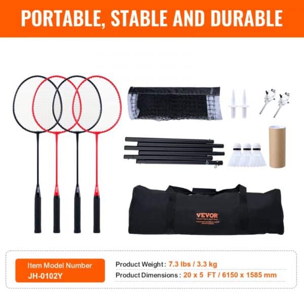 VEVOR badminton net set includes four rackets, a net, poles, shuttlecocks, and a carry bag. portable and durable.