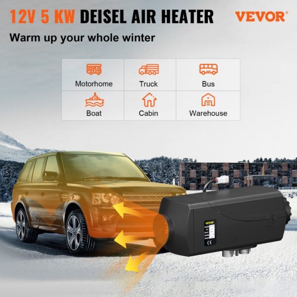 VEVOR 5kw diesel heater warming a car in a snowy landscape with icons for usage.