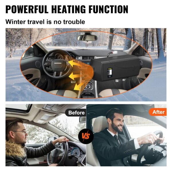 VEVOR 5kw diesel heater enhances winter car travel comfort before and after comparison.