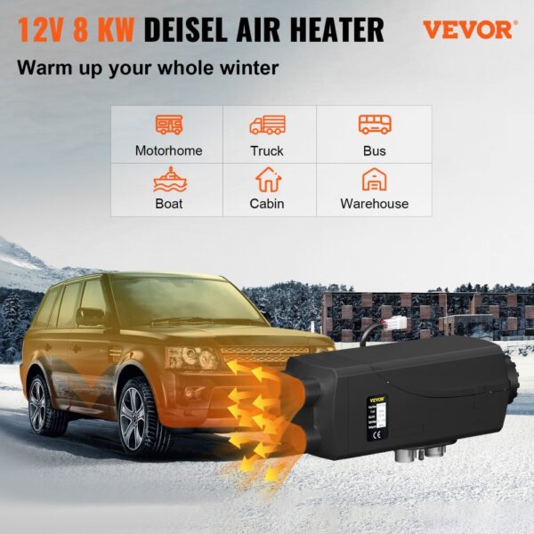 VEVOR diesel air heater warming car in winter with icons for motorhome, truck, bus, boat.