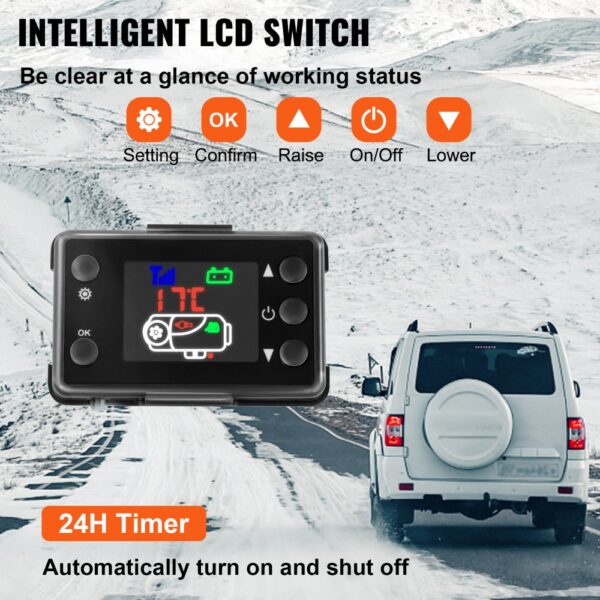 VEVOR diesel air heater with lcd switch and 24h timer in snowy terrain.