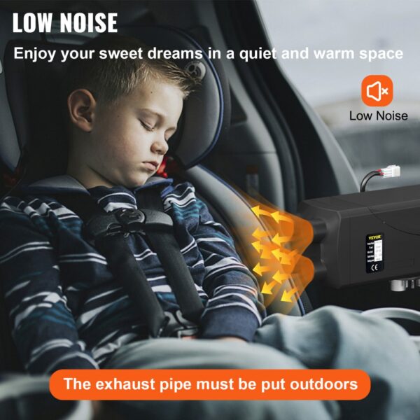 child peacefully sleeping in a car seat, heated by a VEVOR diesel air heater. low noise.