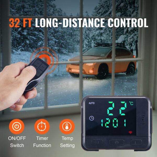 VEVOR diesel air heater remote control, display showing 22°c, snowy car outside window, 32 ft range.