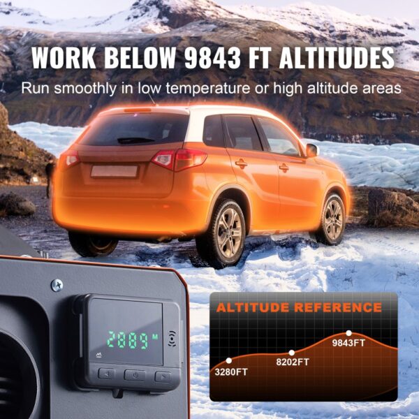 VEVOR diesel air heater in orange suv on snowy terrain, altitude chart; works below 9843 ft altitudes.