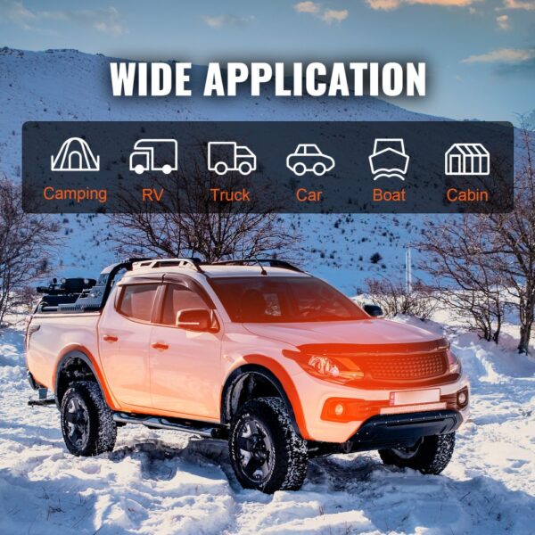 orange truck in snowy landscape showing the wide application of VEVOR diesel air heater for various vehicles.