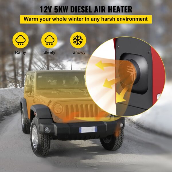 12v VEVOR diesel air heater warming vehicle in snowy, sleety, and rainy conditions.