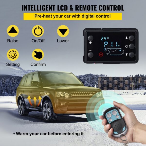 VEVOR diesel air heater with remote control and lcd screen for pre-heating car.