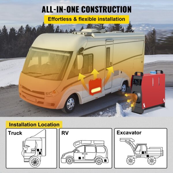 VEVOR diesel air heater installation for truck, rv, or excavator, with all-in-one construction.