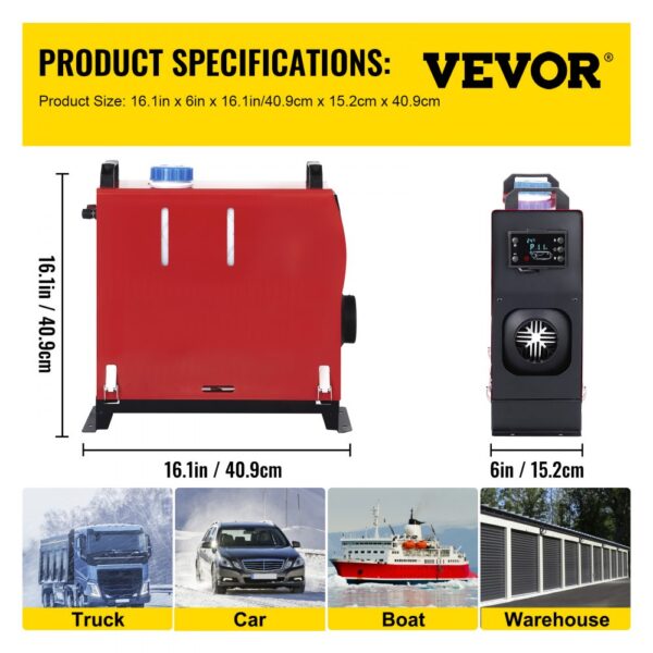 VEVOR diesel air heater with dimensions and applications for trucks, cars, boats, warehouses