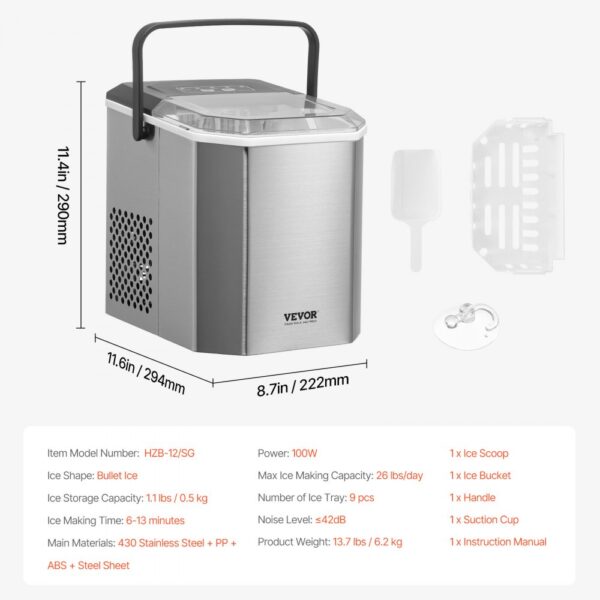 VEVOR Portable Countertop Ice Maker 26Lbs/24H Self-Cleaning with Scoop Basket