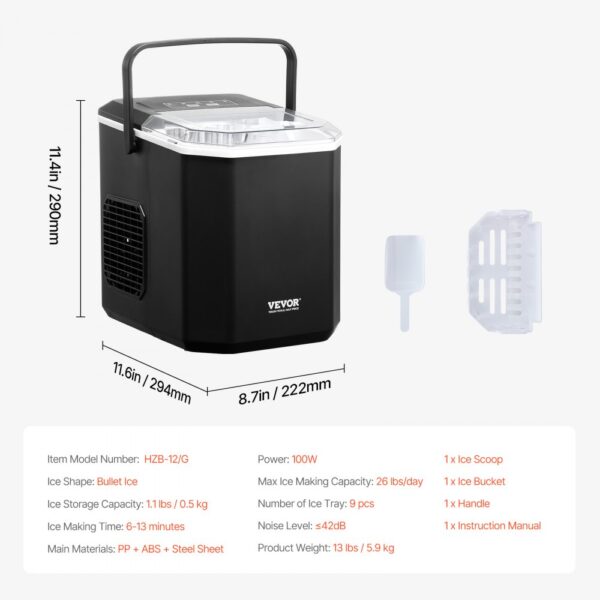 VEVOR Portable Countertop Ice Maker 26Lbs/24H Self-Cleaning with Scoop Basket