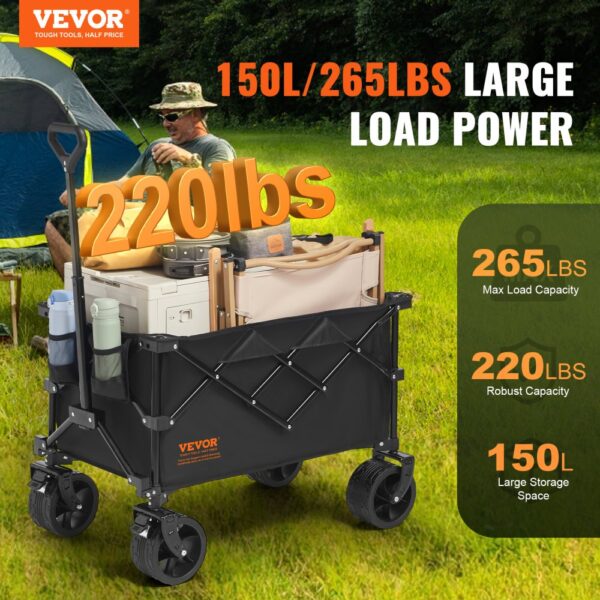 VEVOR folding wagon holding camping gear, highlighted for 265lbs max load and 150l large storage space.