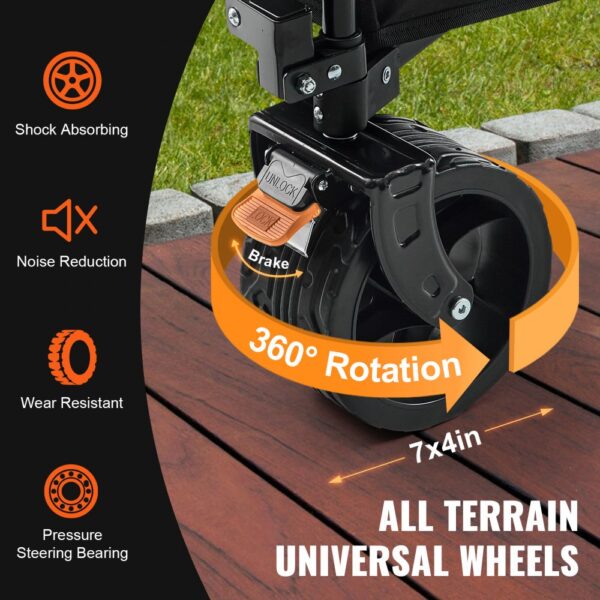 VEVOR folding wagon wheel with shock absorption, noise reduction, wear resistance, and 360° rotation.