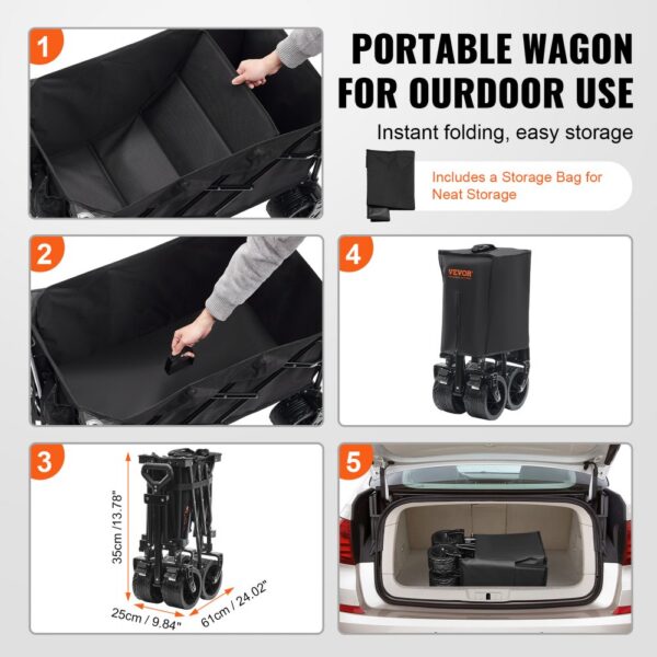 VEVOR folding wagon instructions for folding and easy storage with storage bag and compact design.