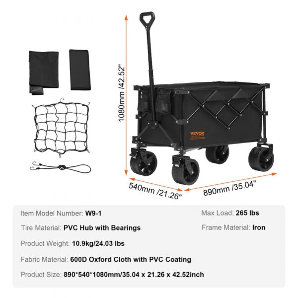 VEVOR folding wagon with iron frame, oxford cloth, pvc coating, and 265 lbs max load capacity.