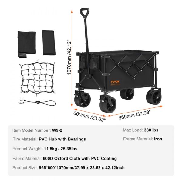 black VEVOR collapsible wagon with accessories, featuring oxford cloth material and pvc-coated frame.