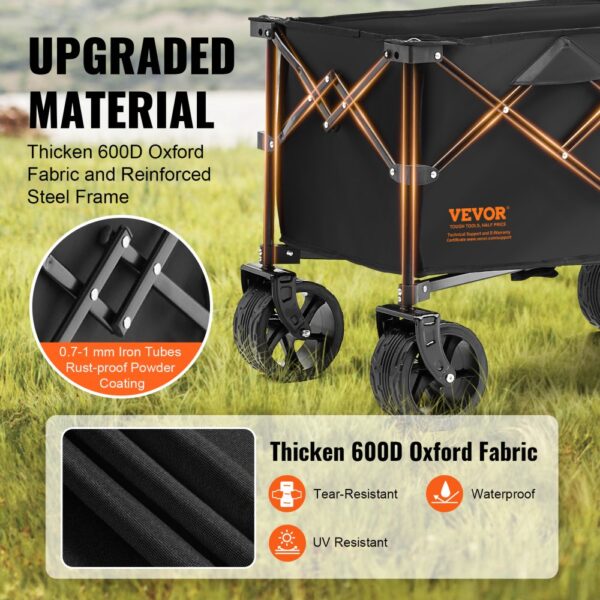 VEVOR folding wagon with reinforced steel frame, waterproof 600d oxford fabric, and rust-proof iron tubes.