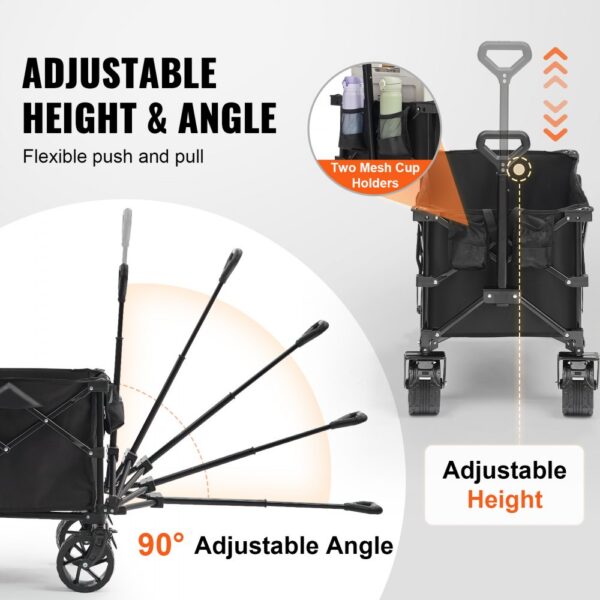 foldable VEVOR folding wagon with adjustable height and angle handles, and two mesh cup holders.